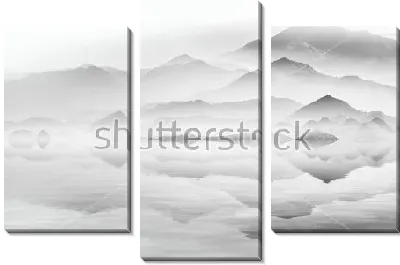 Модульная картина Монохромный пейзаж с туманными горами, отражающимися в озере - в технике китайской живописи тушью