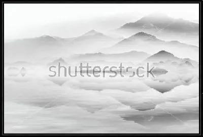 Картина Монохромный пейзаж с туманными горами, отражающимися в озере - в технике китайской живописи тушью