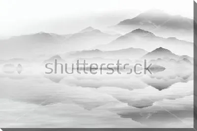 Картина маслом Монохромный пейзаж с туманными горами, отражающимися в озере - в технике китайской живописи тушью