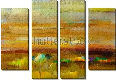 Модульная картина Вечерний пейзаж - композиция в оттенках зелёного, охры и коричневого цвета 