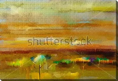 Картина маслом Вечерний пейзаж - композиция в оттенках зелёного, охры и коричневого цвета 