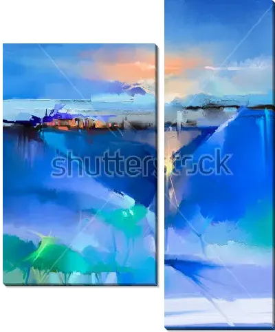 Модульная картина Динамичный абстрактный пейзаж в оттенках синего и голубого цвета с яркими цветовыми акцентами