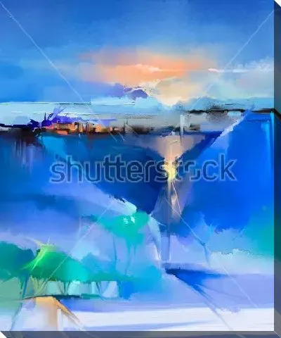 Картина маслом Динамичный абстрактный пейзаж в оттенках синего и голубого цвета с яркими цветовыми акцентами