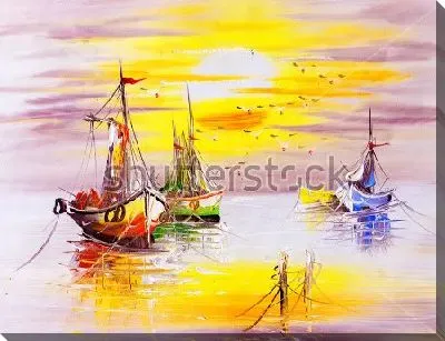Постер Закат на море с рыбацкими лодками
