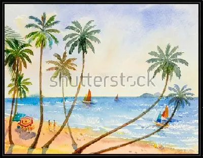 Солнечный тропический пляж с пальмами, яхтами в море и отдыхающими на пляже