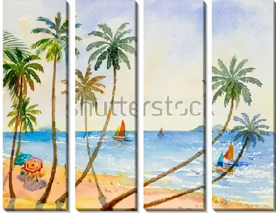 Солнечный тропический пляж с пальмами, яхтами в море и отдыхающими на пляже