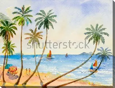 Солнечный тропический пляж с пальмами, яхтами в море и отдыхающими на пляже