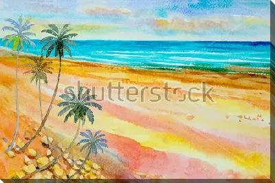 Картина маслом Морской пейзаж с пальмами на солнечном побережье песочного пляжа