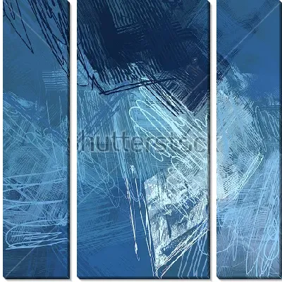 Модульная картина Монохромная динамичная композиция в сине-голубых оттенках с тонкими каракулями и линиями