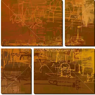 Модульная картина Монохромная динамичная композиция в коричнево-жёлтых тонах с тонкими каракулями, завитушками и линиями