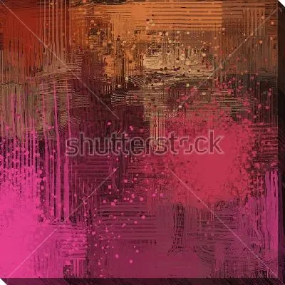 Картина маслом Яркая композиция мелких брызг в оттенках пурпурного и алого цвета на тёмном фоне с оранжевыми и коричневыми линиями