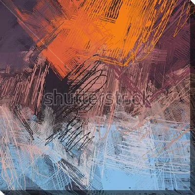 Картина маслом Яркая контрастная композиция динамичных мазков и каракулей оранжевого и голубого цвета на тёмном фоне