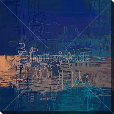 Картина маслом Разнообразные светлые каракули на фоне в глубоких оттенках синего цвета