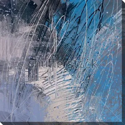 Картина маслом Динамичная композиция в холодных оттенках синего и голубого цвета с размашистыми тонкими каракулями и мелкими брызгами