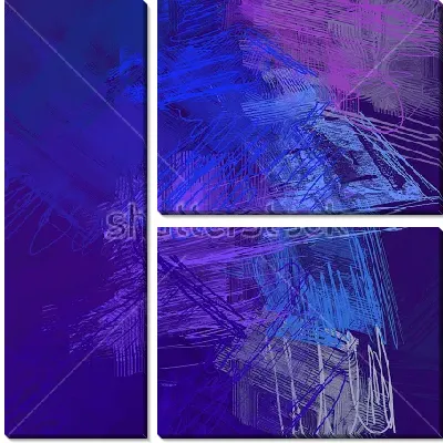 Модульная картина Динамичная композиция в оттенках синего, голубого и сиреневого цвета с тонкими каракулями и линиями
