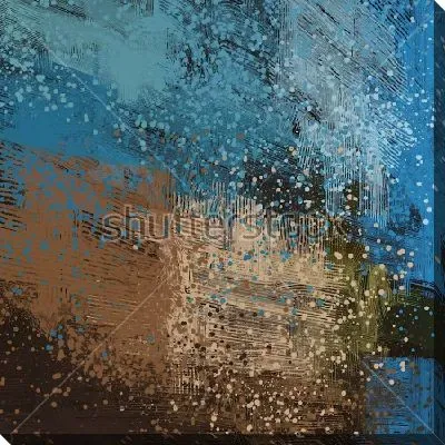 Картина маслом Снег в вечернем городе - композиция с мелкими брызгами на фоне в оттенках голубого, коричневого и бежевого цвета