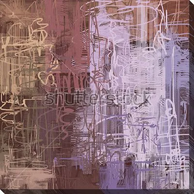 Картина маслом Динамичная композиция  с размашистыми каракулями и тонкими линиями в приглушённых оттенках сиреневого, жёлтого и коричневого цвета на тёмном фоне