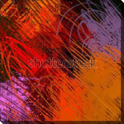 Картина маслом Динамичная композиция ярких линий и каракулей в ярких оттенках красного, оранжевого и сиреневого цвета на тёмном фоне