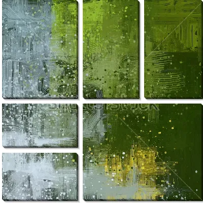 Композиция с линиями и брызгами в оттенках зелёного и серого цвета с ярким цветовым акцентом жёлтого