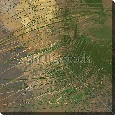 Картина маслом Тонкие зелёные линии и штрихи на серо-золотом фоне