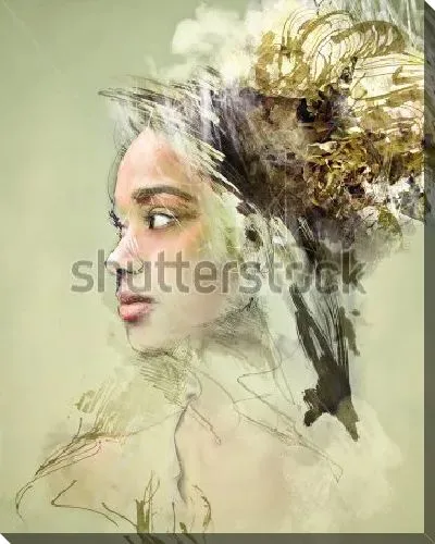 Картина маслом Выразительный портрет профиля восточной девушки с абстрактным высоким головным убором