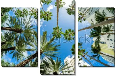 Модульная картина Пальмы и роскошные небоскрёбы в стиле арт-деко на фоне голубого неба