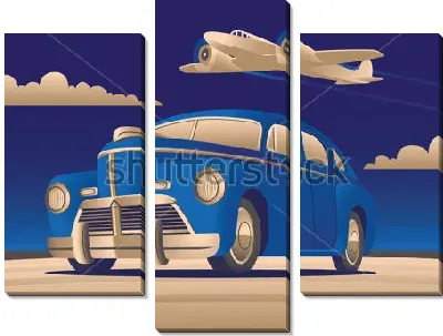 Модульная картина Иллюстрация с ретро автомобилем и самолётом в небе в стиле арт-деко