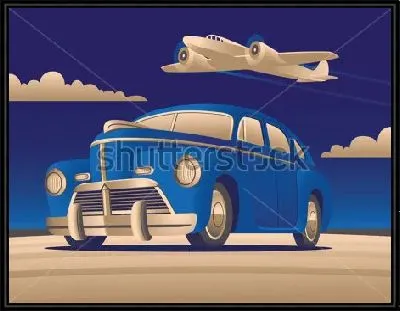 Картина Иллюстрация с ретро автомобилем и самолётом в небе в стиле арт-деко