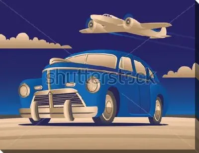 Картина маслом Иллюстрация с ретро автомобилем и самолётом в небе в стиле арт-деко