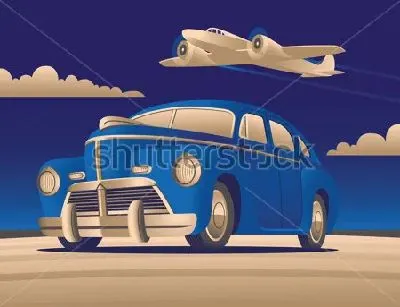 Плакат Иллюстрация с ретро автомобилем и самолётом в небе в стиле арт-деко