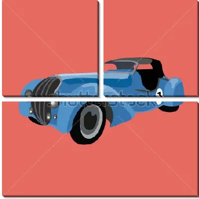 Модульная картина Иллюстрация с синим ретро автомобилем на коралловом фоне