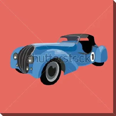 Картина маслом Иллюстрация с синим ретро автомобилем на коралловом фоне