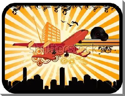 Картина маслом Яркая иллюстрация на тему приятных летних путешествий в стиле арт-деко - с небоскрёбами, самолётом в лучах солнца и растительными элементами в оформлении