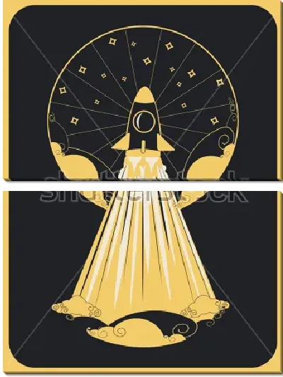 Модульная картина Лаконичная иллюстрация полёта шаттла к звёздному небу в стиле арт-деко