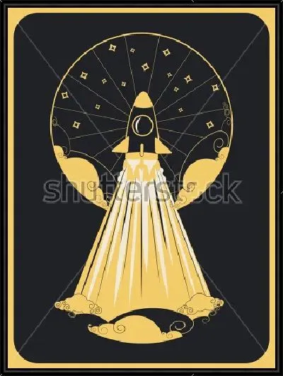 Картина Лаконичная иллюстрация полёта шаттла к звёздному небу в стиле арт-деко