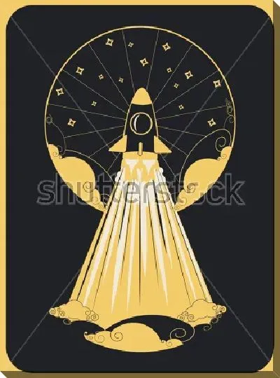 Постер Лаконичная иллюстрация полёта шаттла к звёздному небу в стиле арт-деко