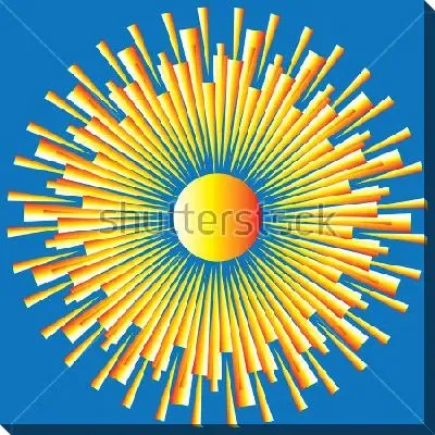 Яркая иллюстрация солнца с расходящимися лучами на голубом фоне