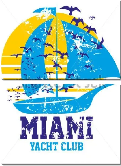 Модульная картина Яркий жёлто-голубой плакат с парусником, чайками на фоне заходящего солнца и надрисью