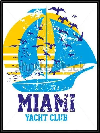 Картина Яркий жёлто-голубой плакат с парусником, чайками на фоне заходящего солнца и надрисью