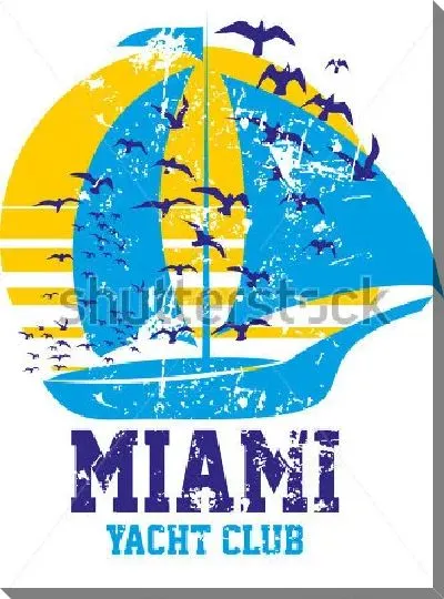 Картина маслом Яркий жёлто-голубой плакат с парусником, чайками на фоне заходящего солнца и надрисью