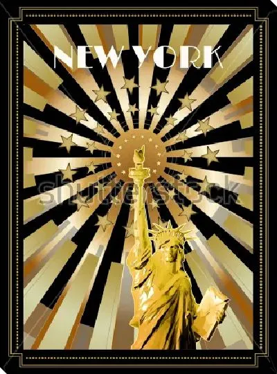 Картина маслом Яркий геометрический плакат в стиле арт-деко со Статуей Свободы на фоне расходящихся по кругу золотых лучей со звёздами