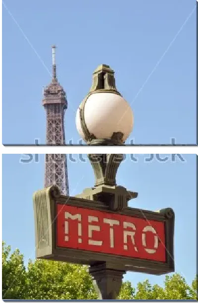 Модульная картина Знак метро на фоне шпиля Эйфелевой башни - композиция в стиле арт-деко