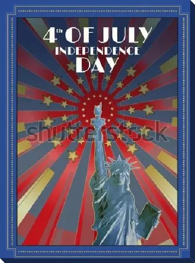 Картина маслом Яркий плакат в стиле арт-деко на тему Дня независимости со Статуей Свободы на фоне расходящихся по кругу лучей