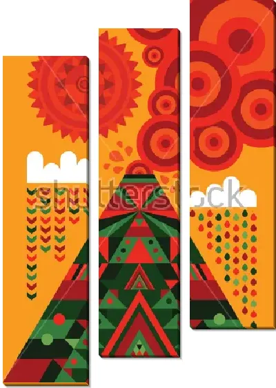 Модульная картина Яркая геометрическая иллюстрация извержения вулкана Вильяррика на фоне облаков и солнца