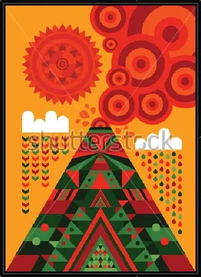 Картина Яркая геометрическая иллюстрация извержения вулкана Вильяррика на фоне облаков и солнца