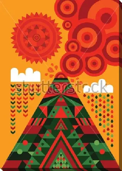 Картина маслом Яркая геометрическая иллюстрация извержения вулкана Вильяррика на фоне облаков и солнца