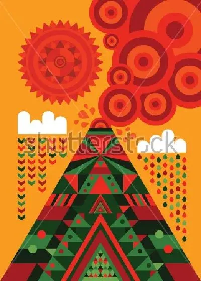 Плакат Яркая геометрическая иллюстрация извержения вулкана Вильяррика на фоне облаков и солнца