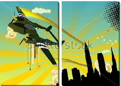 Модульная картина Яркая композиция в стиле арт-деко с военным самолётом в лучах солнца над небоскрёбами