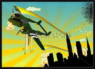 Яркая композиция в стиле арт-деко с военным самолётом в лучах солнца над небоскрёбами