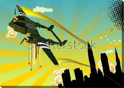 Яркая композиция в стиле арт-деко с военным самолётом в лучах солнца над небоскрёбами